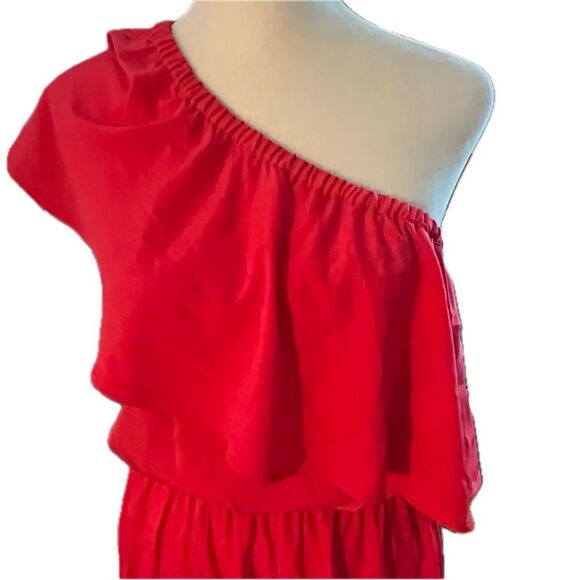 Express One-Shoulder Ruffle Midi Dress Red Small - Picture 2 of 7